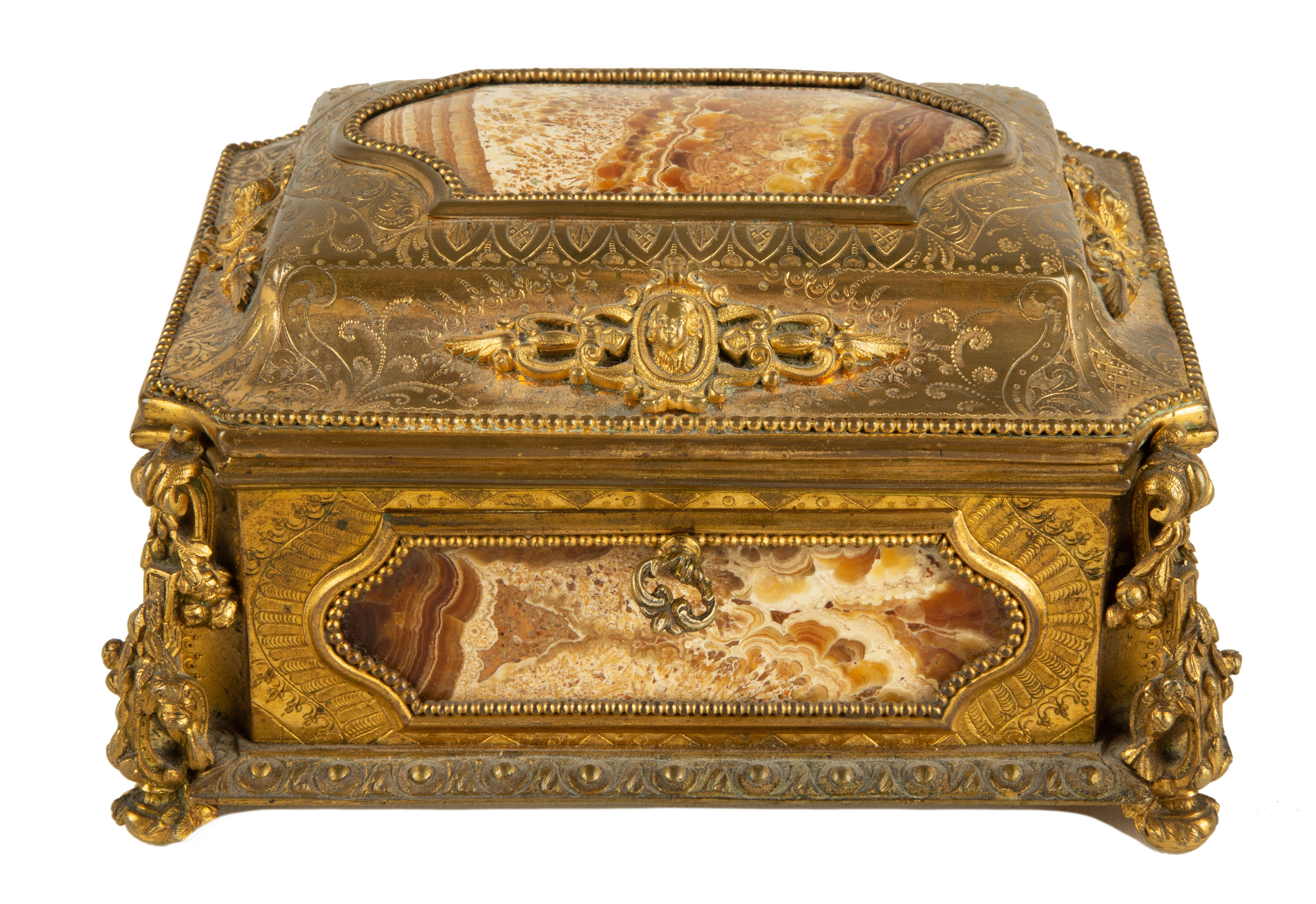 Appraisal: FRENCH GILT BRONZE AND SPECIMEN MARBLE JEWELRY CASKET th century