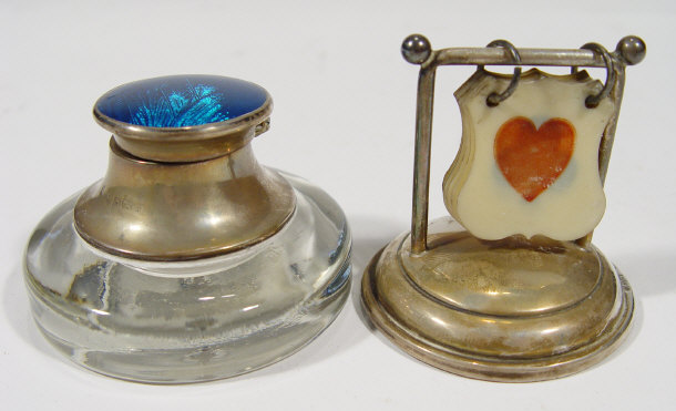 Appraisal: Glass inkwell with silver and blue enamel top Birmingham together