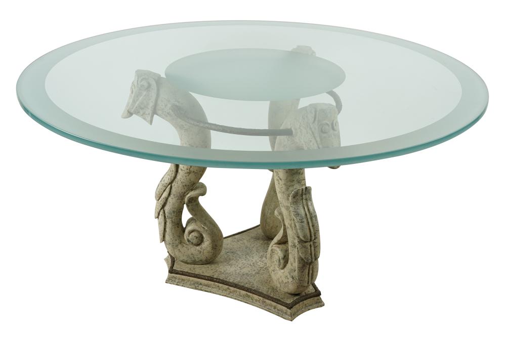 Appraisal: CONTEMPORARY GLASS CARVED WOOD DINING TABLEthe round top of clear