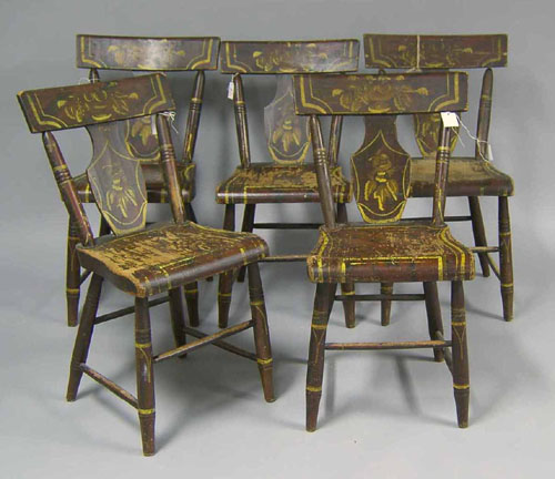 Appraisal: Set of painted plank seat chairs th c