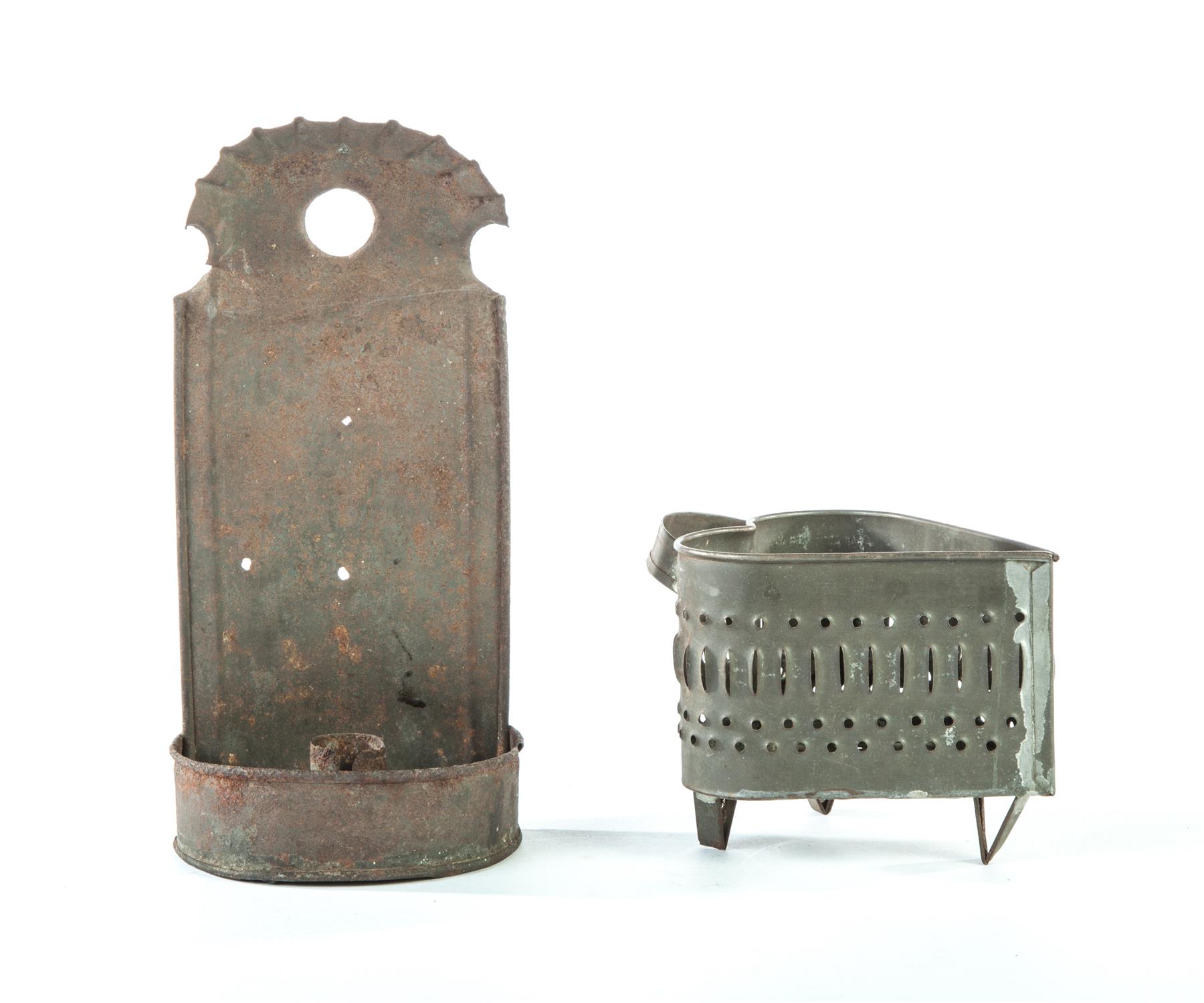 Appraisal: AMERICAN TIN SCONCE AND STRAINER Nineteenth- th century Candle sconce