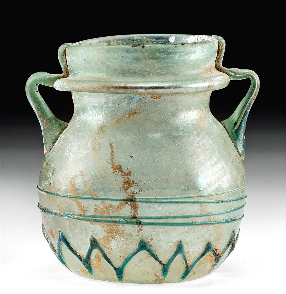 Appraisal: Roman Glass Jar w Trail Handles Decorations Roman late Imperial