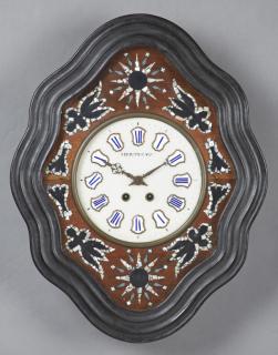 Appraisal: French Ebonized Mother-of-Pearl Inlaid Wall Clock c time and strike