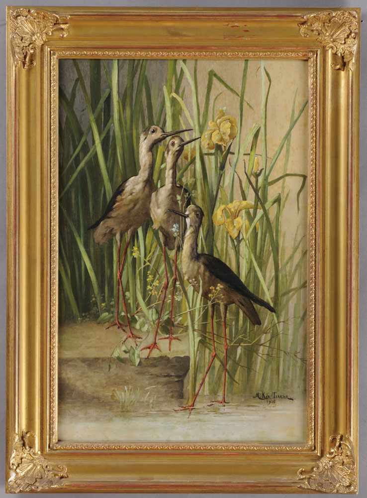 Appraisal: FRENCH SCHOOL THREE BIRDS PONDSIDE Oil on canvas signed M