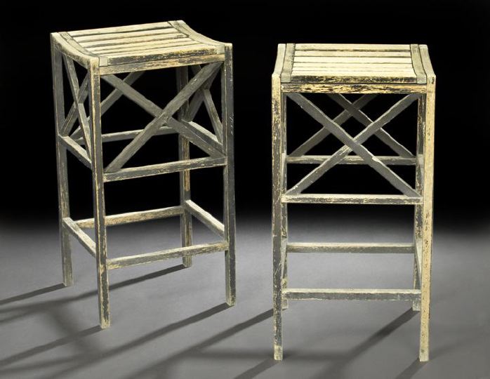 Appraisal: Pair of Primitive Paint-Decorated and Distressed Stools early th century