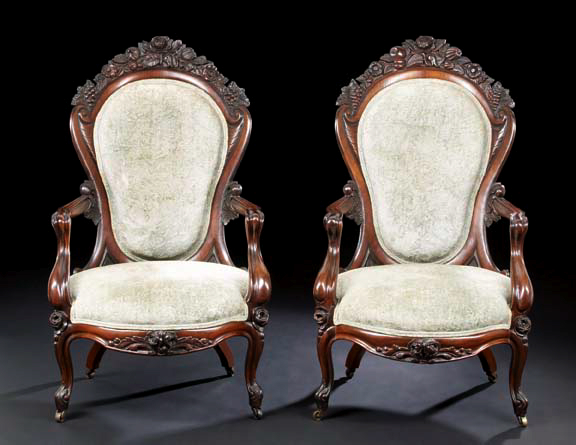 Appraisal: Rare Pair of American Rococo Revival Laminated Rosewood Armchairs mid-