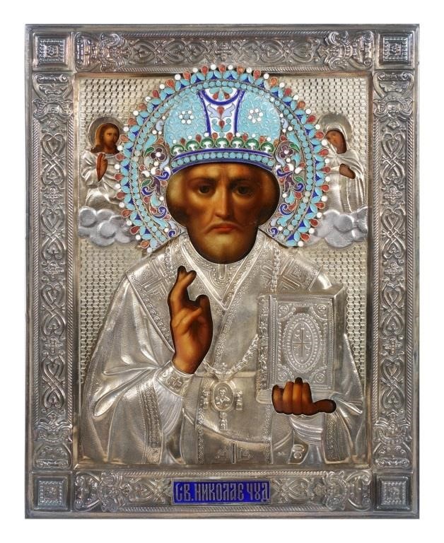 Appraisal: RUSSIAN ICON W ENAMEL RIZA ST NICOLASFramed circa Russian icon