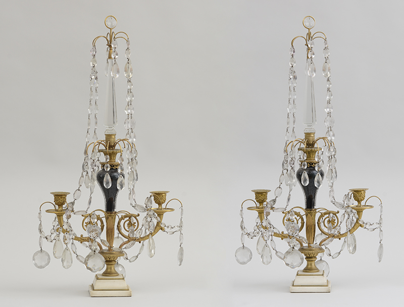 Appraisal: PAIR OF LOUIS XVI STYLE GLASS-MOUNTED GILT-BRONZE AND MARBLE TWO-LIGHT