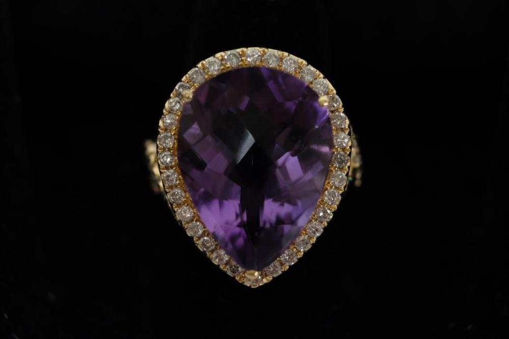 Appraisal: CT AMETHYST DIAMOND RING SZ Carat modified pear cut amethyst