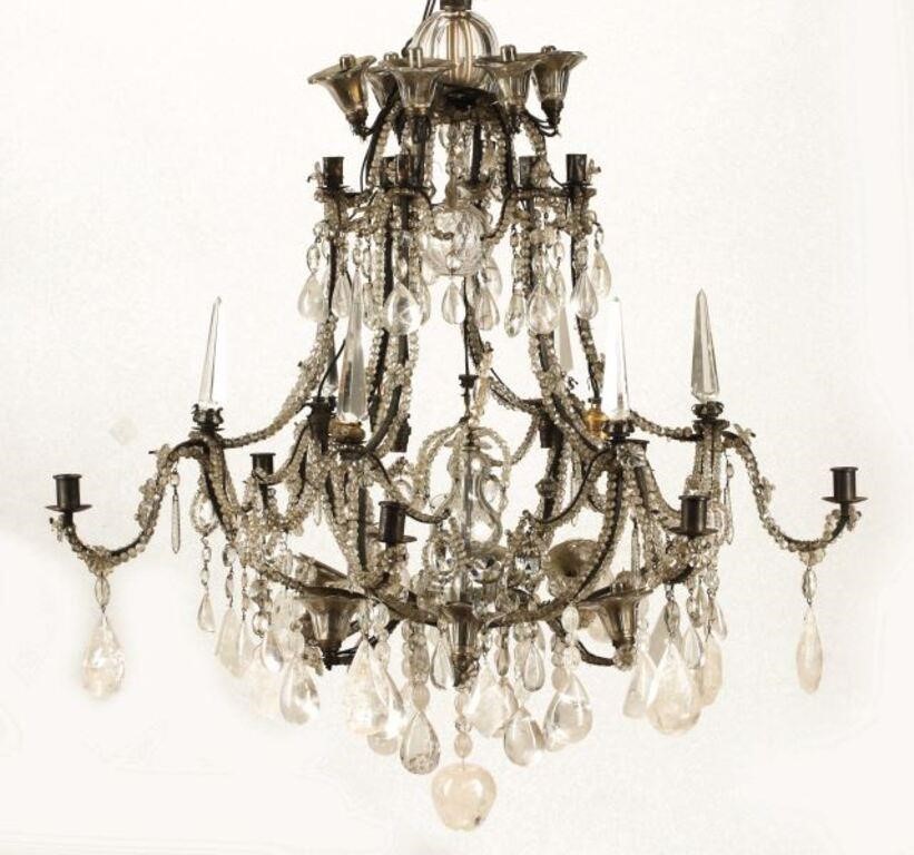 Appraisal: BRONZE ROCK CRYSTAL -LT LIGHT CHANDELIERBronze and rock crystal chandelier