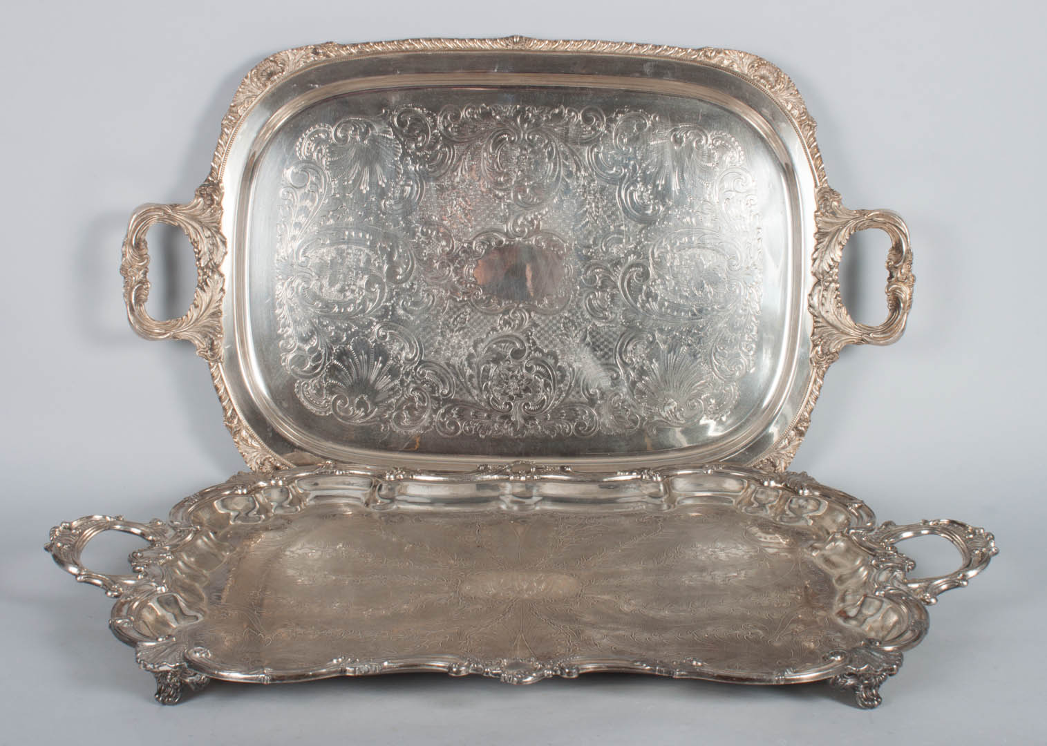 Appraisal: Two engraved silver-plated tea trays Sheffield tray - scalloped edge