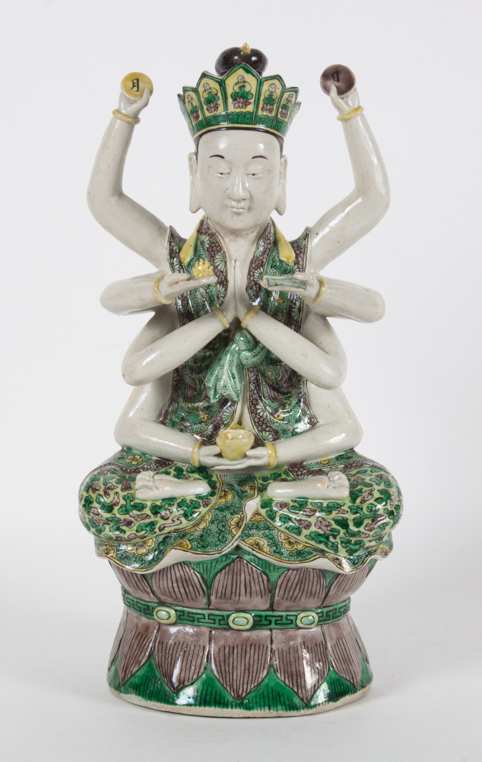 Appraisal: Chinese Famille Verte bodhisattva porcelain figure eight-armed figure seated on