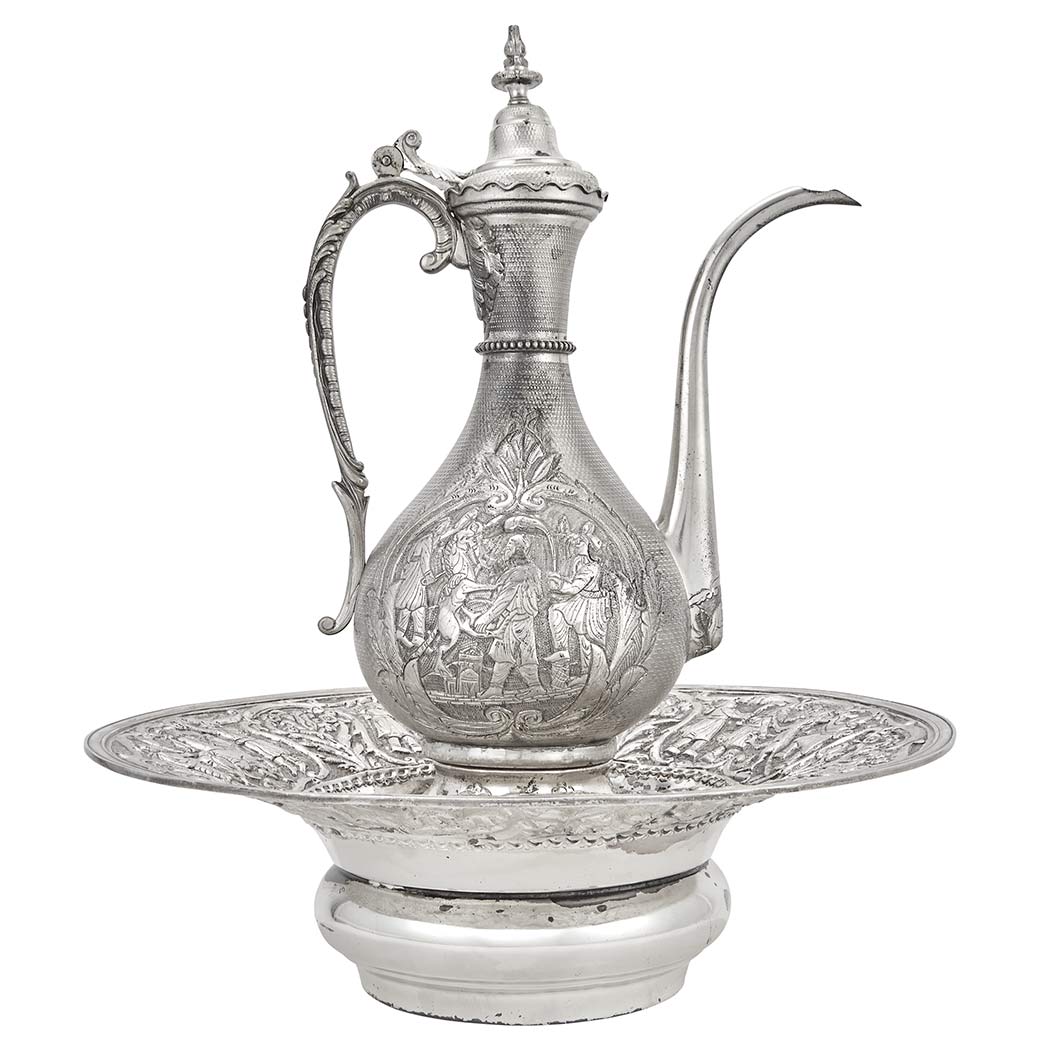 Appraisal: Persian Silver Plated Ewer and Silver Basin Each chased with