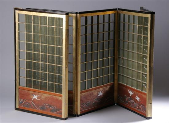 Appraisal: JAPANESE BRASS MOUNTED WOOD SIX-FOLD SCREEN Circa Crane decoration with