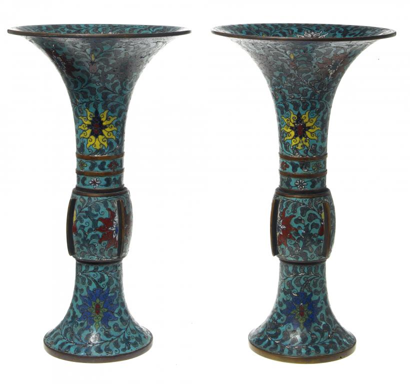 Appraisal: A PAIR OF CLOISONN ENAMELLED BRONZE ARCHAISTIC GU-SHAPED VASES FROM