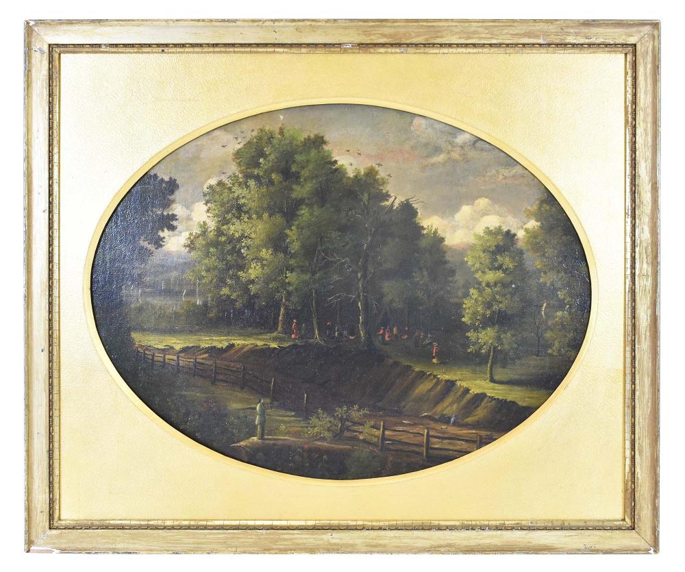 Appraisal: EUROPEAN SCHOOL TH CENTURY Woodland Landscape with Figures Appears unsigned