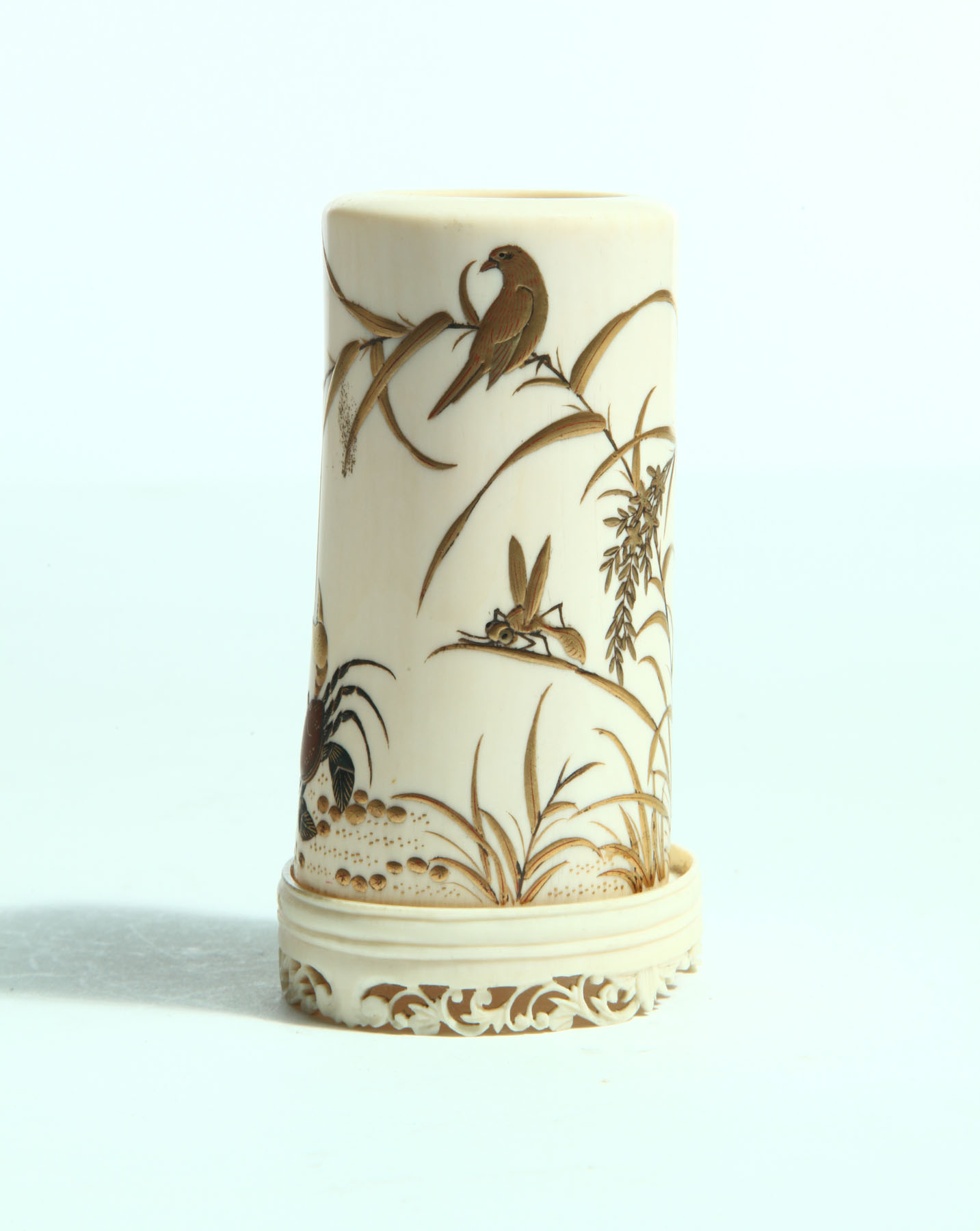 Appraisal: IVORY BRUSH HOLDER Japan th century Hand decorated with gold