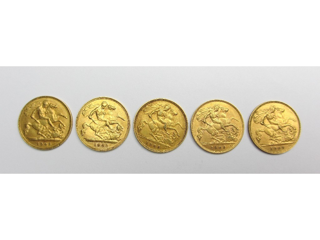 Appraisal: Five Edward VII head half sovereigns two dated two dated