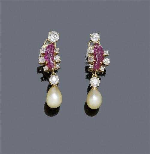 Appraisal: NATURAL PEARL RUBY AND DIAMOND PENDANT EARRINGS LOMBARD ca Yellow