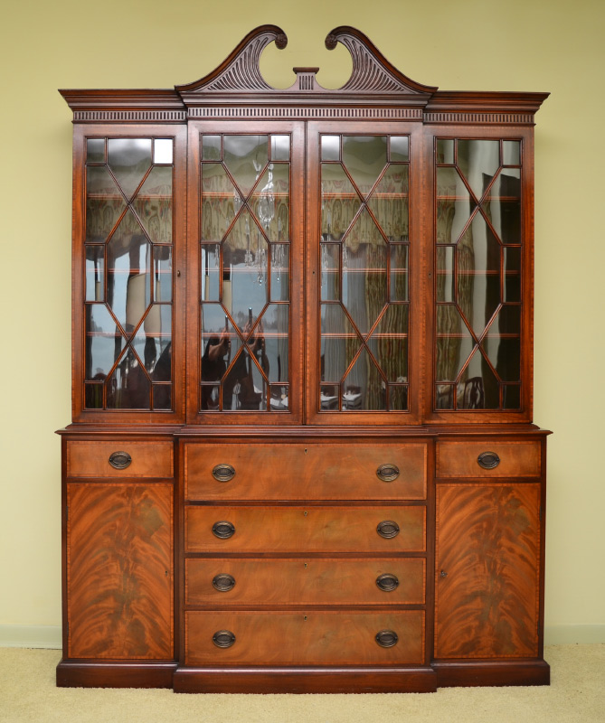 Appraisal: MAHOGANY CHIPPENDALE STYLE BREAKFRONT SECRETARY DESK Original Beacon Hill label