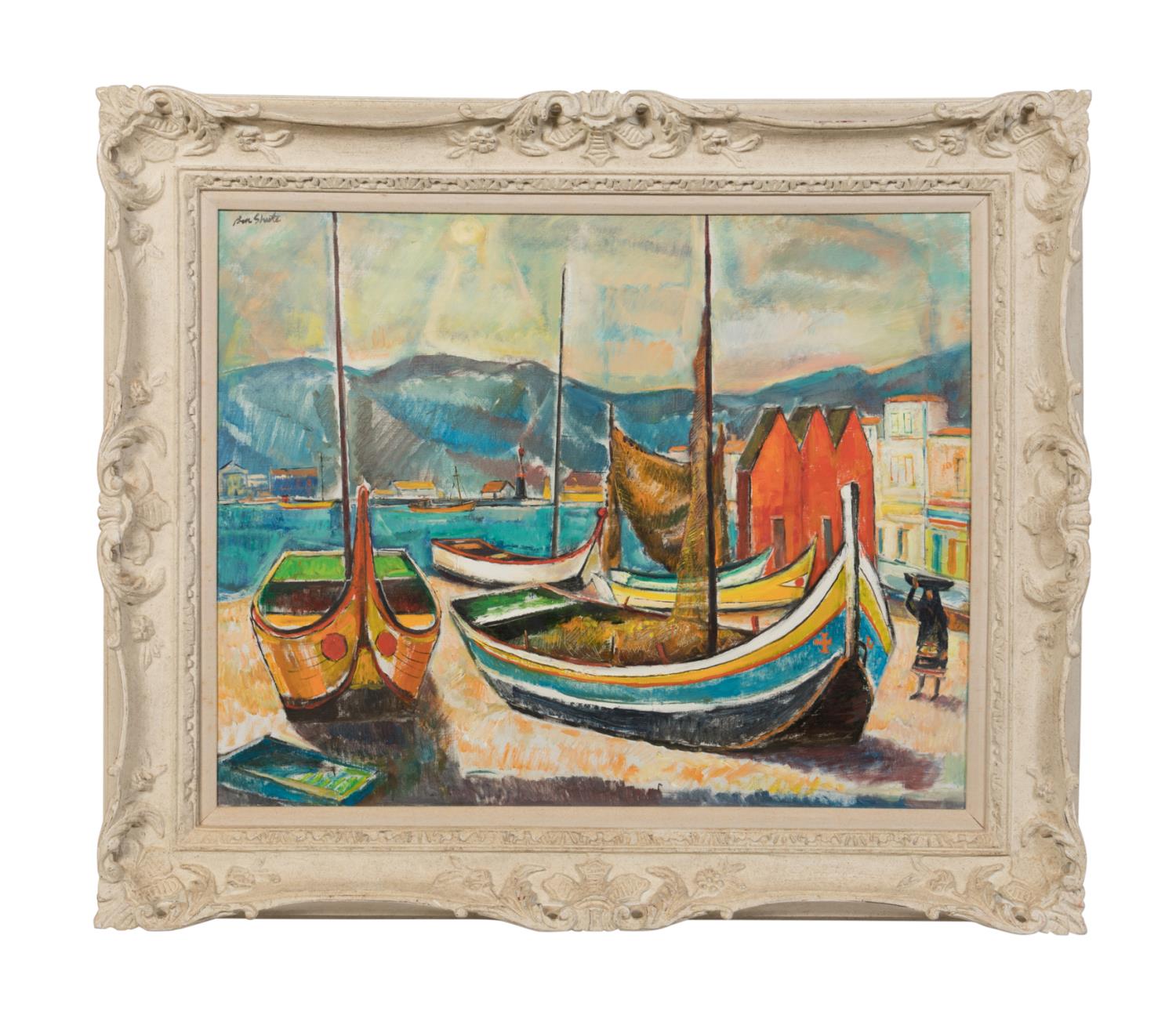 Appraisal: BEN SHUTE BOATS OF NAZARE OIL ON CANVAS Ben Shute