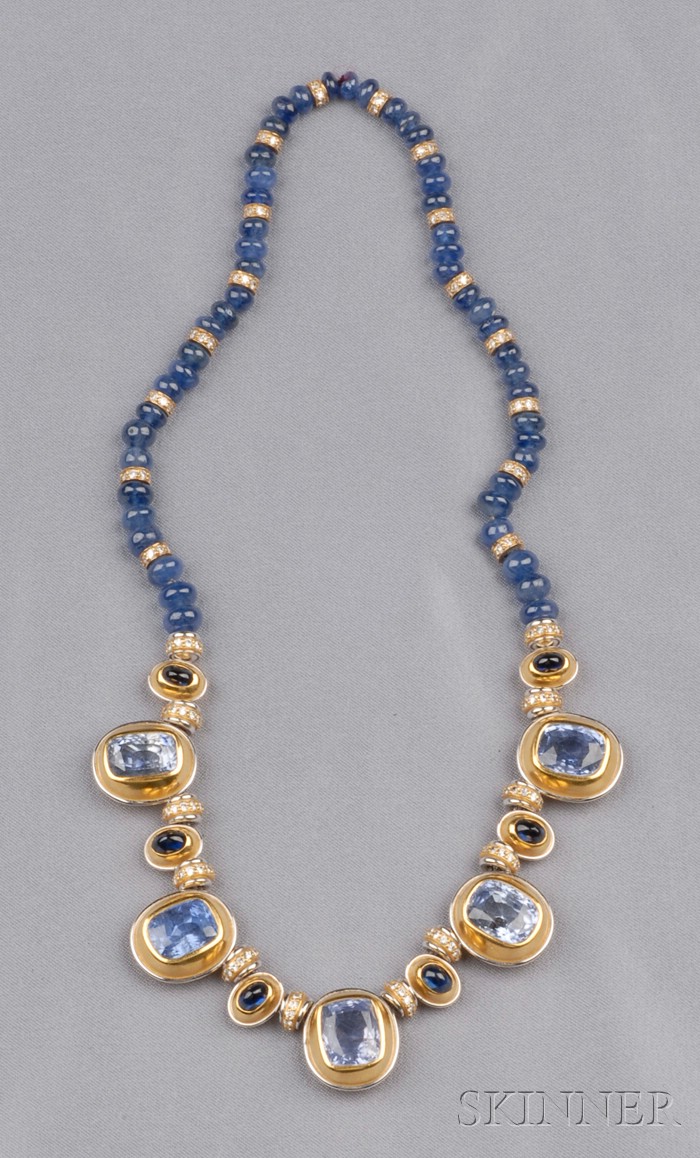 Appraisal: Sapphire and Diamond Necklace Hemmerle composed of five bezel-set cushion-cut