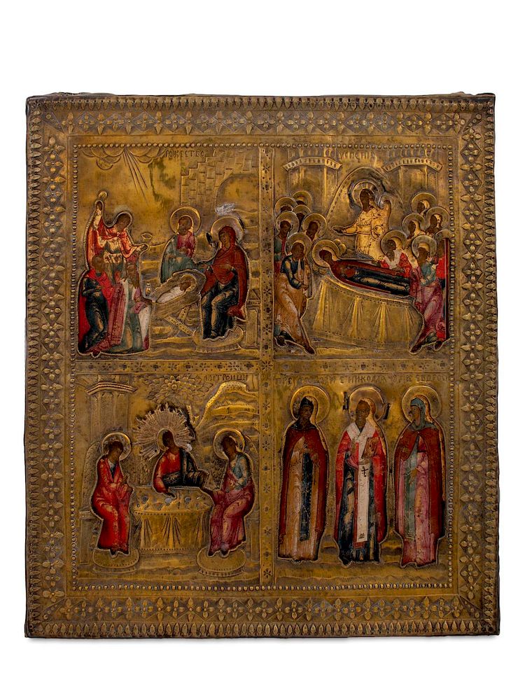 Appraisal: A Russian Quatrepartite Icon Depicting The Life of the Virgin