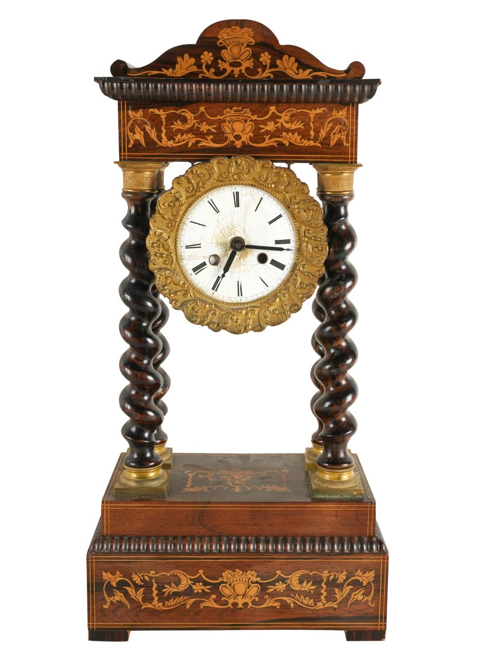 Appraisal: MARQUETRY CLOCKwith later battery-operated German movement Condition damaged face no