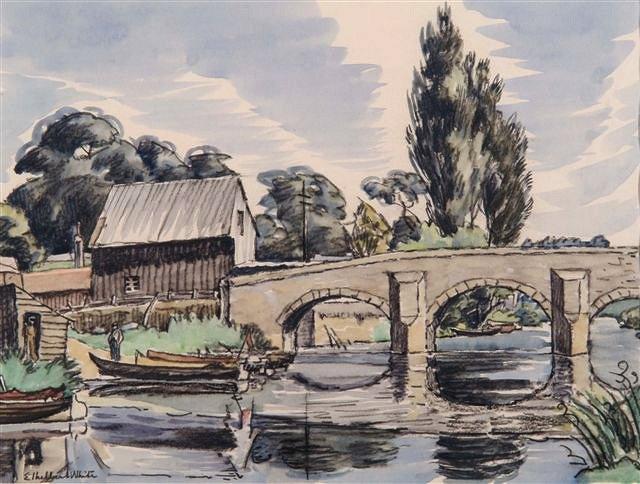 Appraisal: ETHELBERT WHITE - - River landscape with bridge and moored