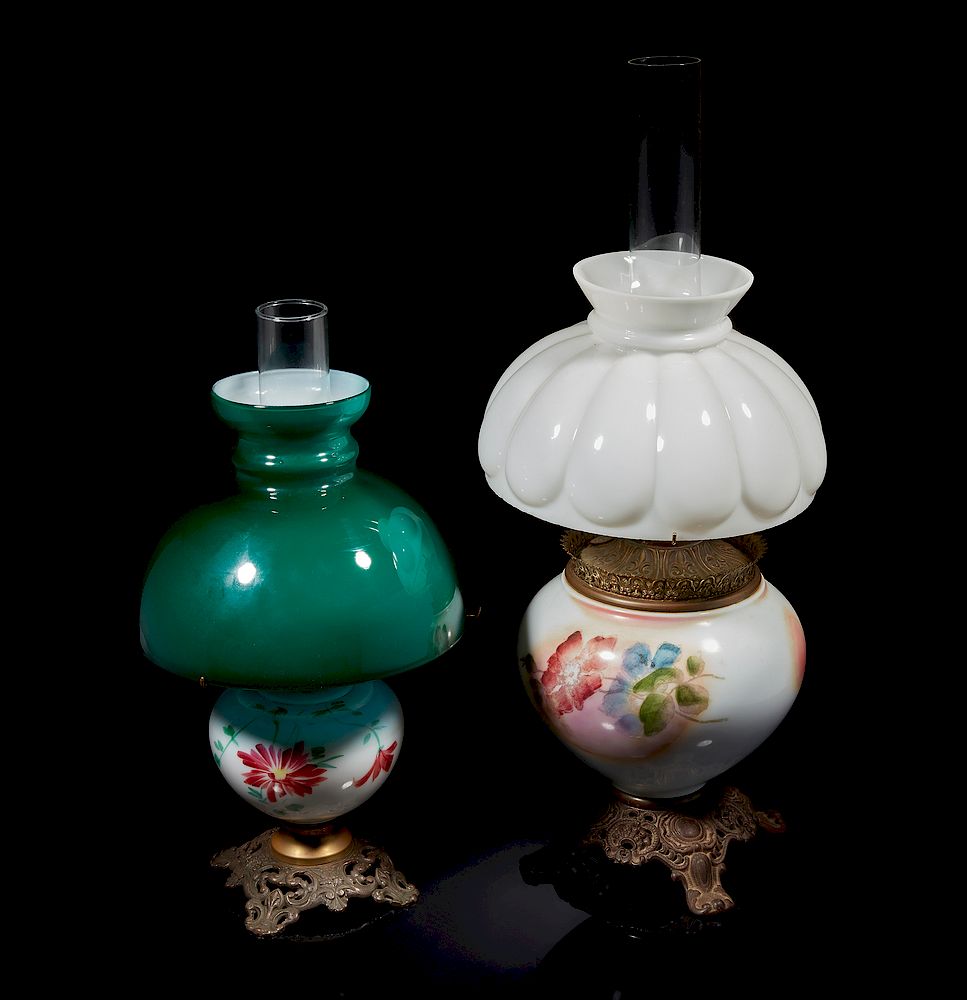 Appraisal: Two Kerosene Table Lamps Two handpainted kerosene table lamps Glass