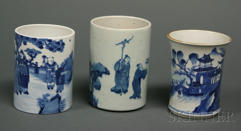 Appraisal: Three Porcelain Brush Pots China th century underglaze blue decoration