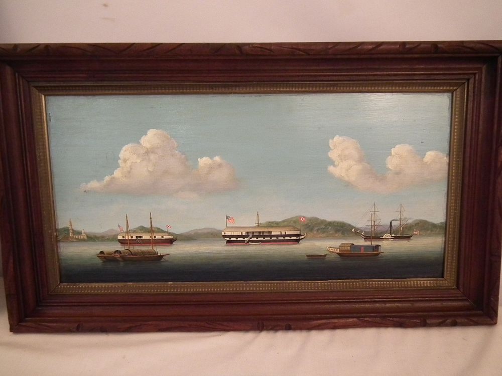 Appraisal: CHINA TRADE HARBOR PAINTING China Trade oil painting on wood