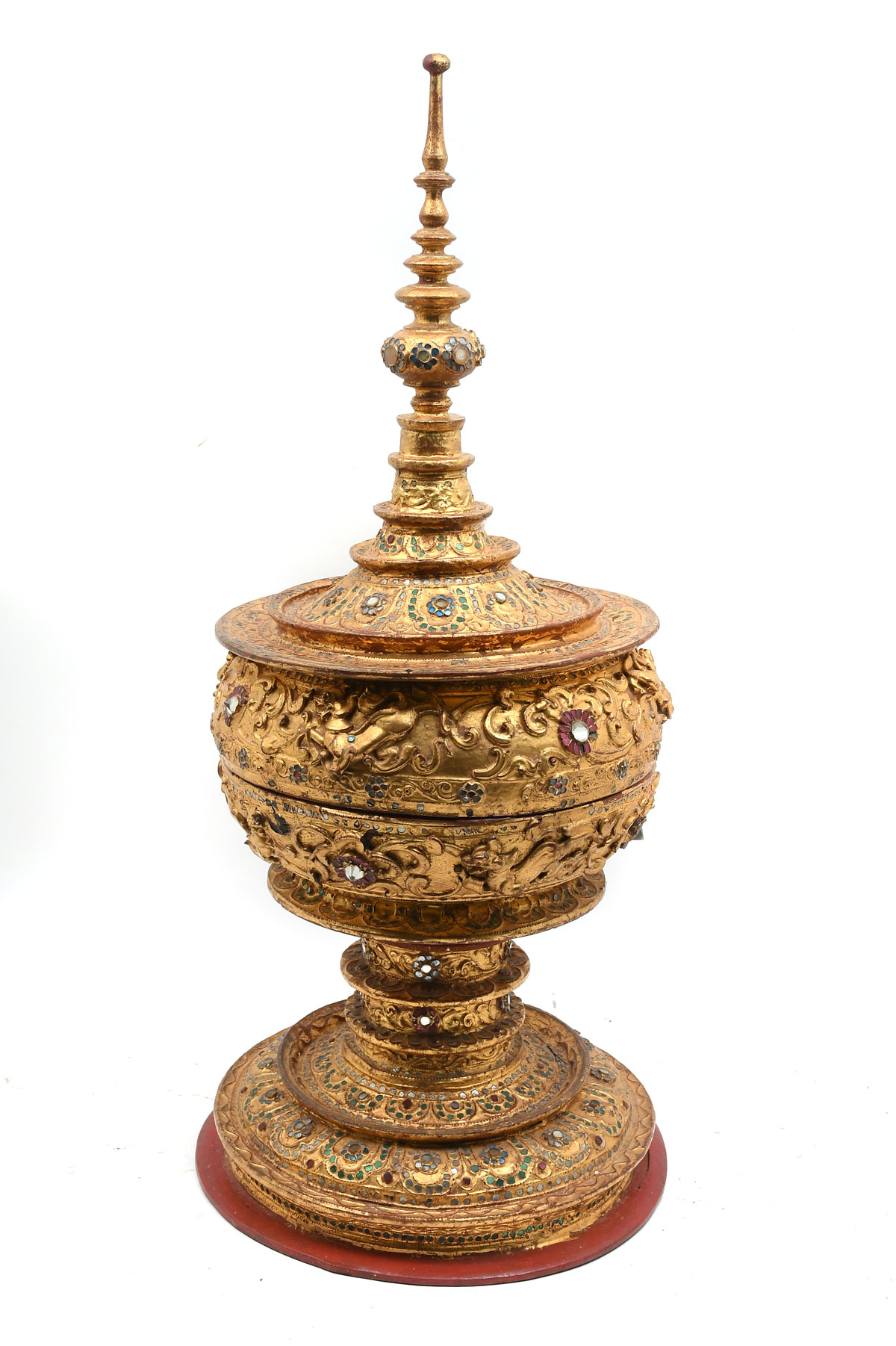 Appraisal: CHINESE GILT LACQUER COVERED VESSEL Provenance Tall gilt red lacquered