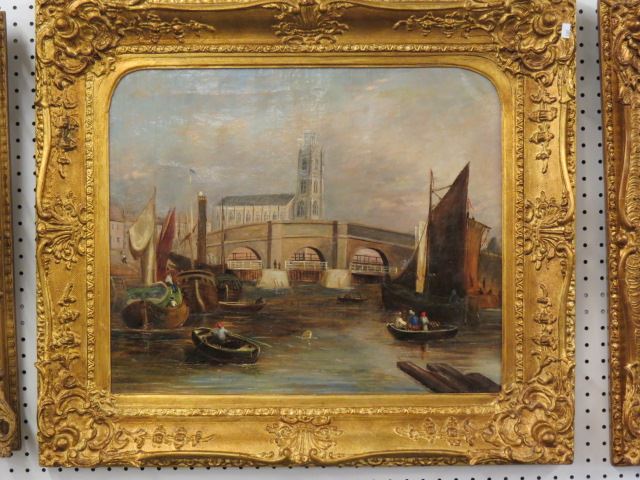 Appraisal: Dutch Oil Painting caval scene with boaters cathedral in distance