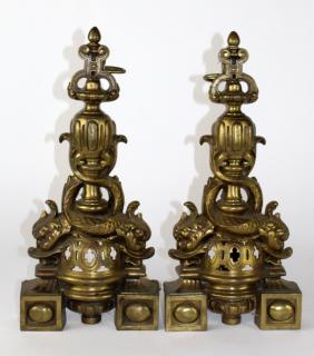 Appraisal: Pair of French bronze andirons A pair of French bronze