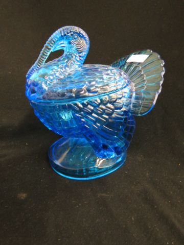 Appraisal: Blue Glass Figural Turkey Covered Jar excellent