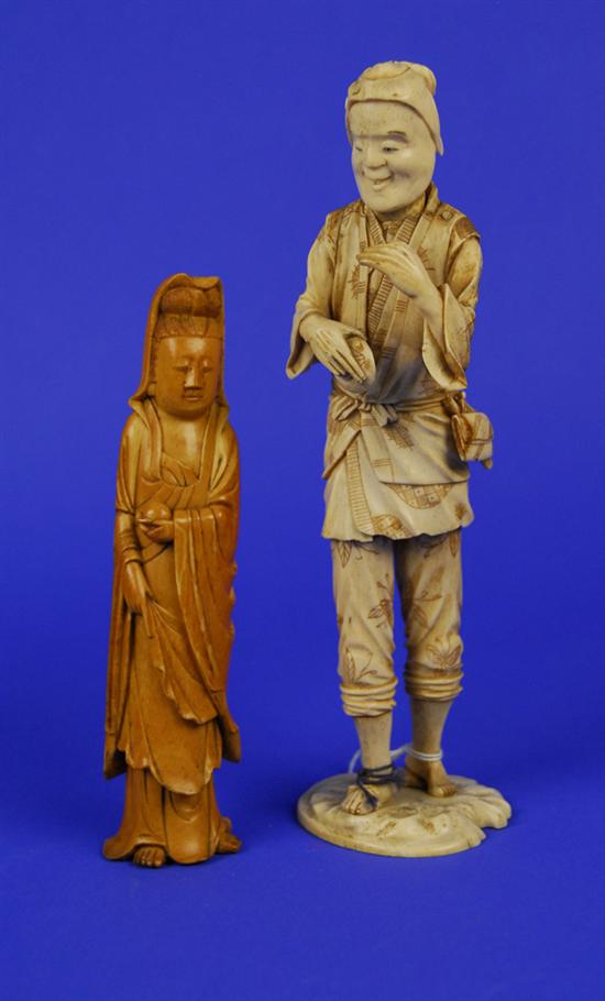 Appraisal: TWO CHINESE CARVED IVORY FIGURES one depicting Guanyin height inches