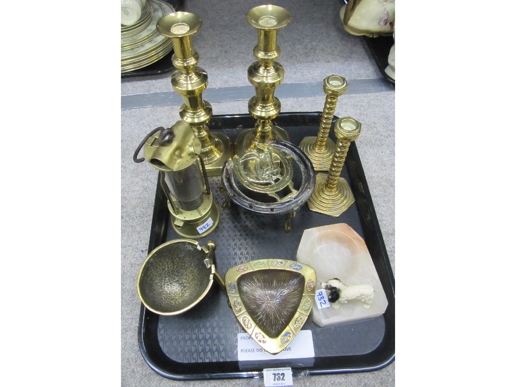 Appraisal: Tray lot of brassware and a cold painted Spaniel figure