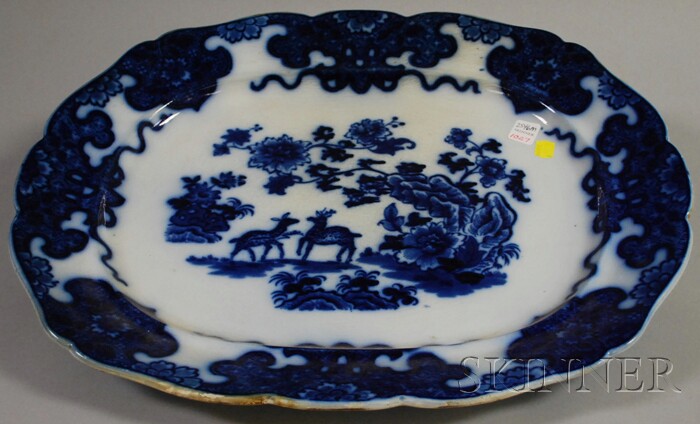 Appraisal: Large Scallop-edged Flow Blue Porcelain Platter Cashmere pattern crazing lg