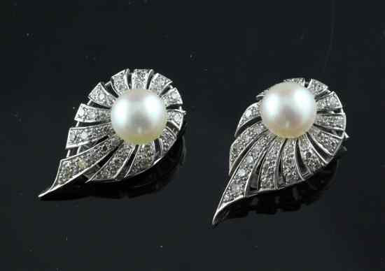 Appraisal: A pair of ct white gold cultured pearl and diamond