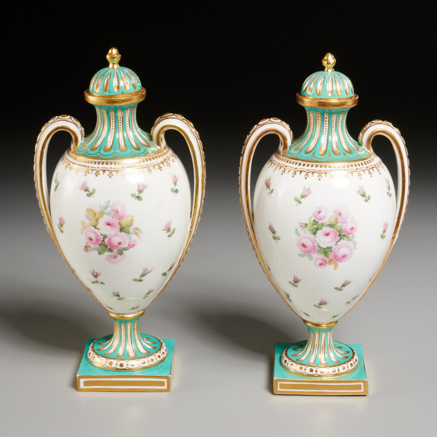 Appraisal: PAIR SEVRES STYLE PORCELAIN CABINET URNS th th c French