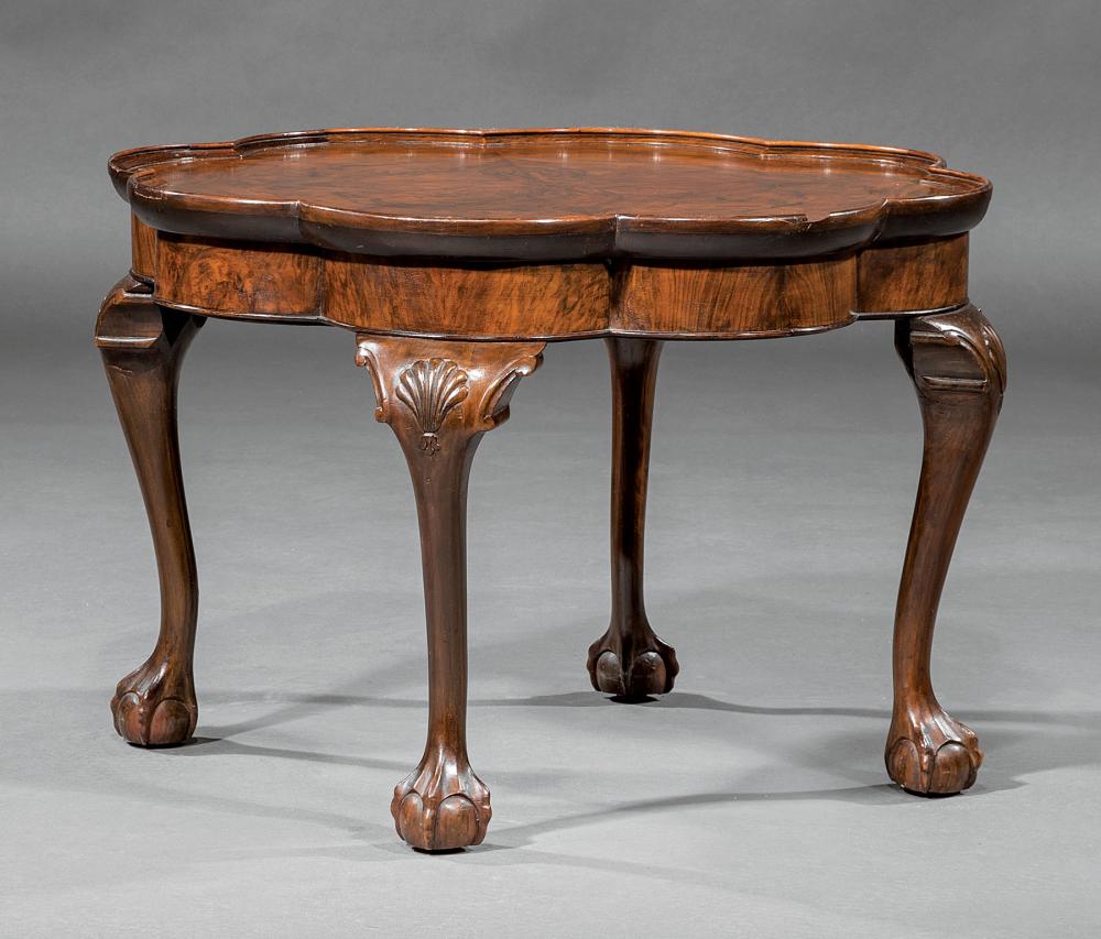 Appraisal: Georgian-Style Burl Walnut Low Table lobed top conforming apron cabriole