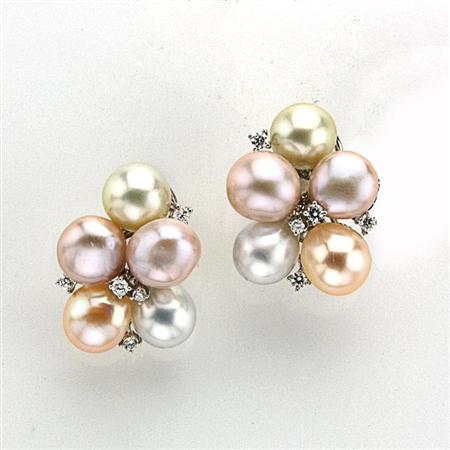 Appraisal: Pair of Multicolored Fresh Water Pearl and Diamond Cluster Earrings