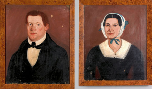 Appraisal: Pair of American oil on canvas folk portraits of a