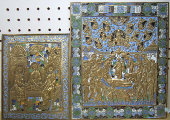 Appraisal: A Russian brass and enamel decorated rectangular Icon depicting the