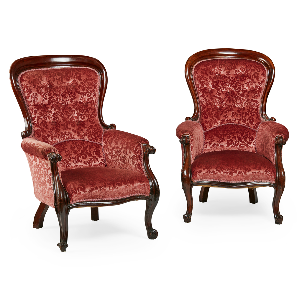 Appraisal: PAIR OF VICTORIAN MAHOGANY ARMCHAIRS TH CENTURY the padded spoon