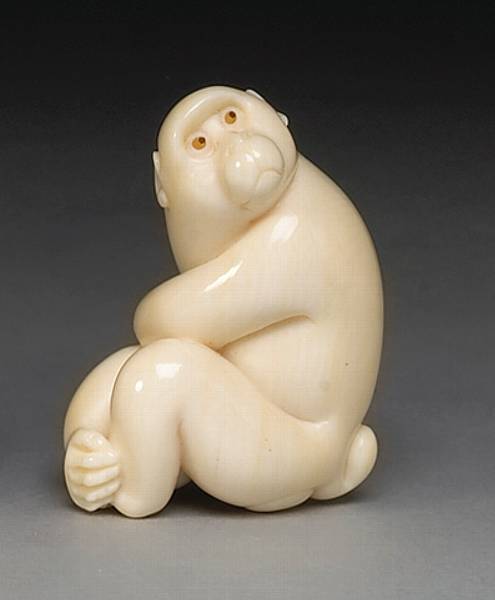 Appraisal: An ivory netsuke study of a monkey By Ikumi Late