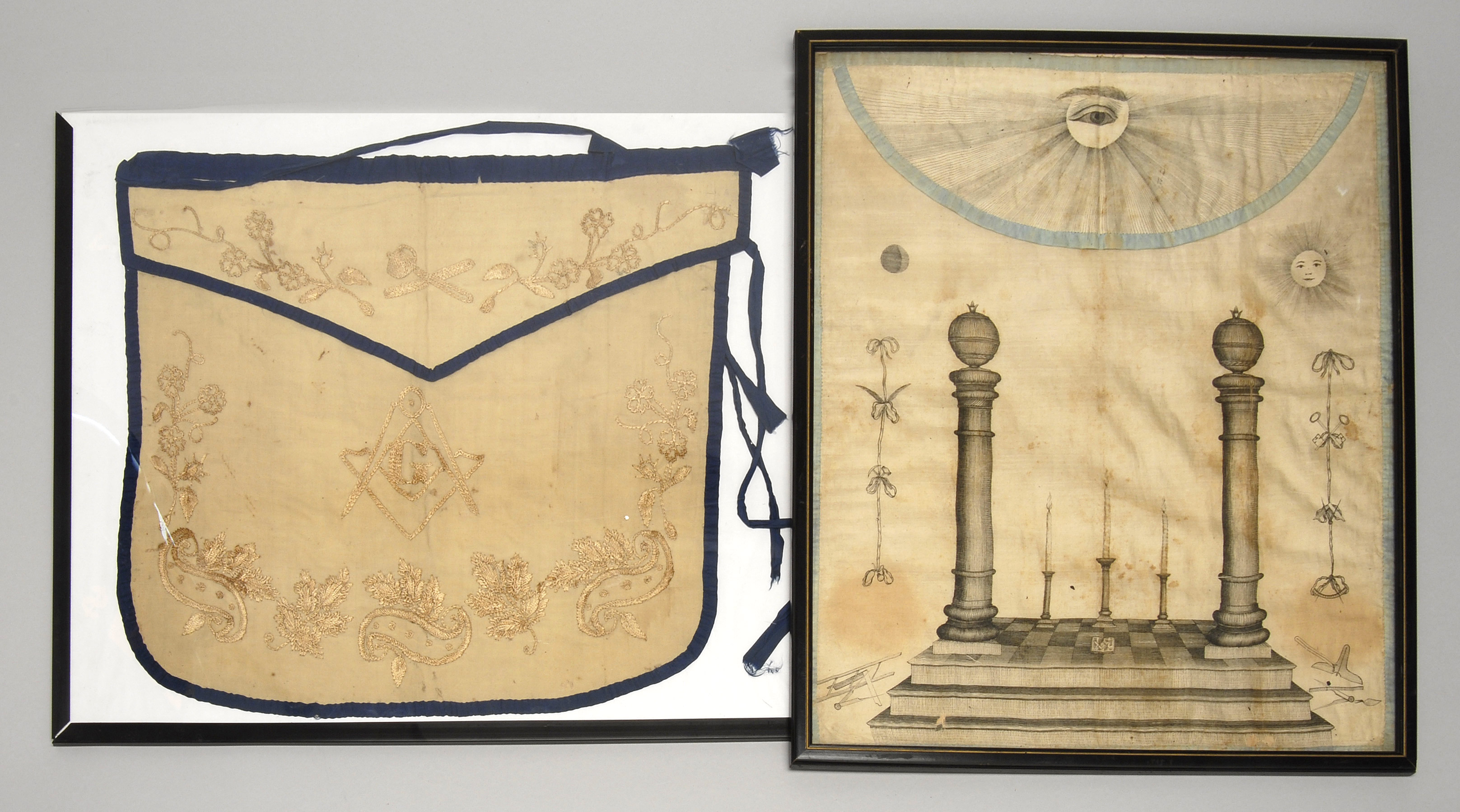 Appraisal: TWO FRAMED MASONIC APRONS Circa s- sOne in ivory cotton