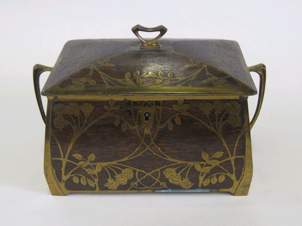 Appraisal: Brass inlaid wooden jewellery box with Art Nouveau style handles