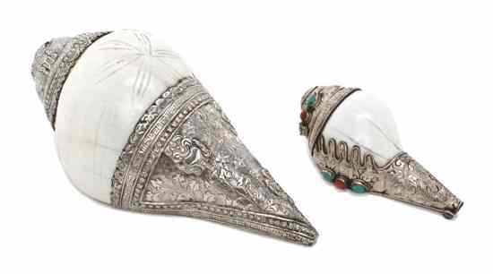 Appraisal: A Group of Two Tibetan Silver Mounted Conch Shells the